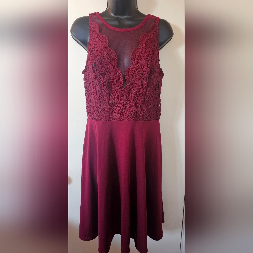 Grace Karin Sleeveless Lace Patchwork Deep V-neck A Line Flared Dress in Wine